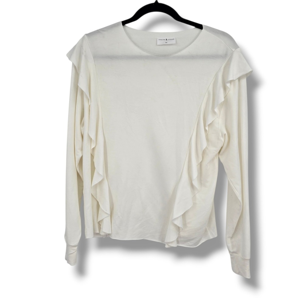 Stripe &‎ Stare Womens XS Ivory White Ruffle Trim Long Sleeve Modal Blend Top